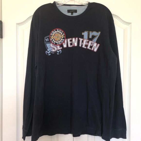 Next  Long Sleeved Sporty Shirt Patches Seventeen Dark Blue Mens Large - Picture 1 of 5